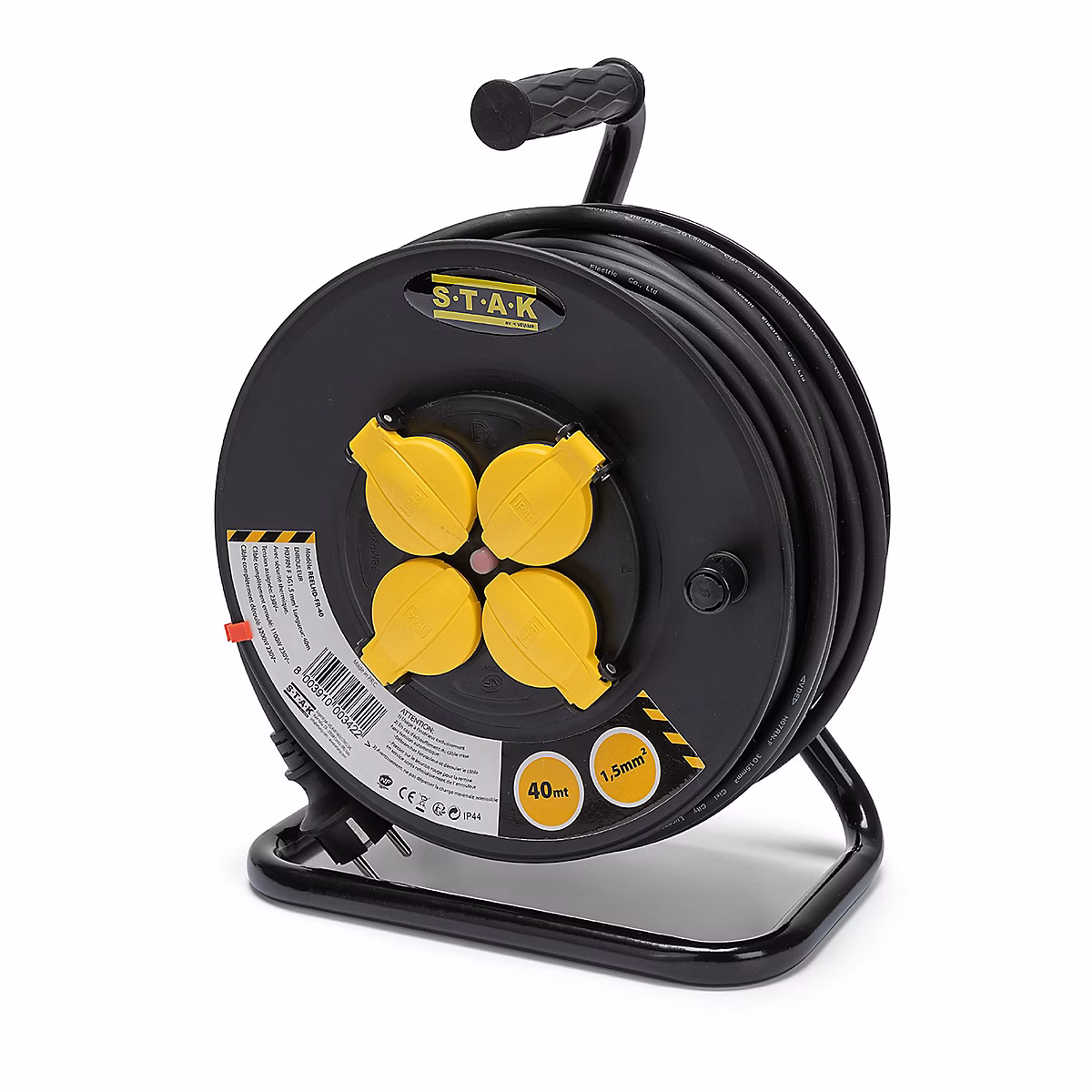 Enrouleur chantier – 4 prises, 40 mètres, 3G1.5mm2, NF, IP44