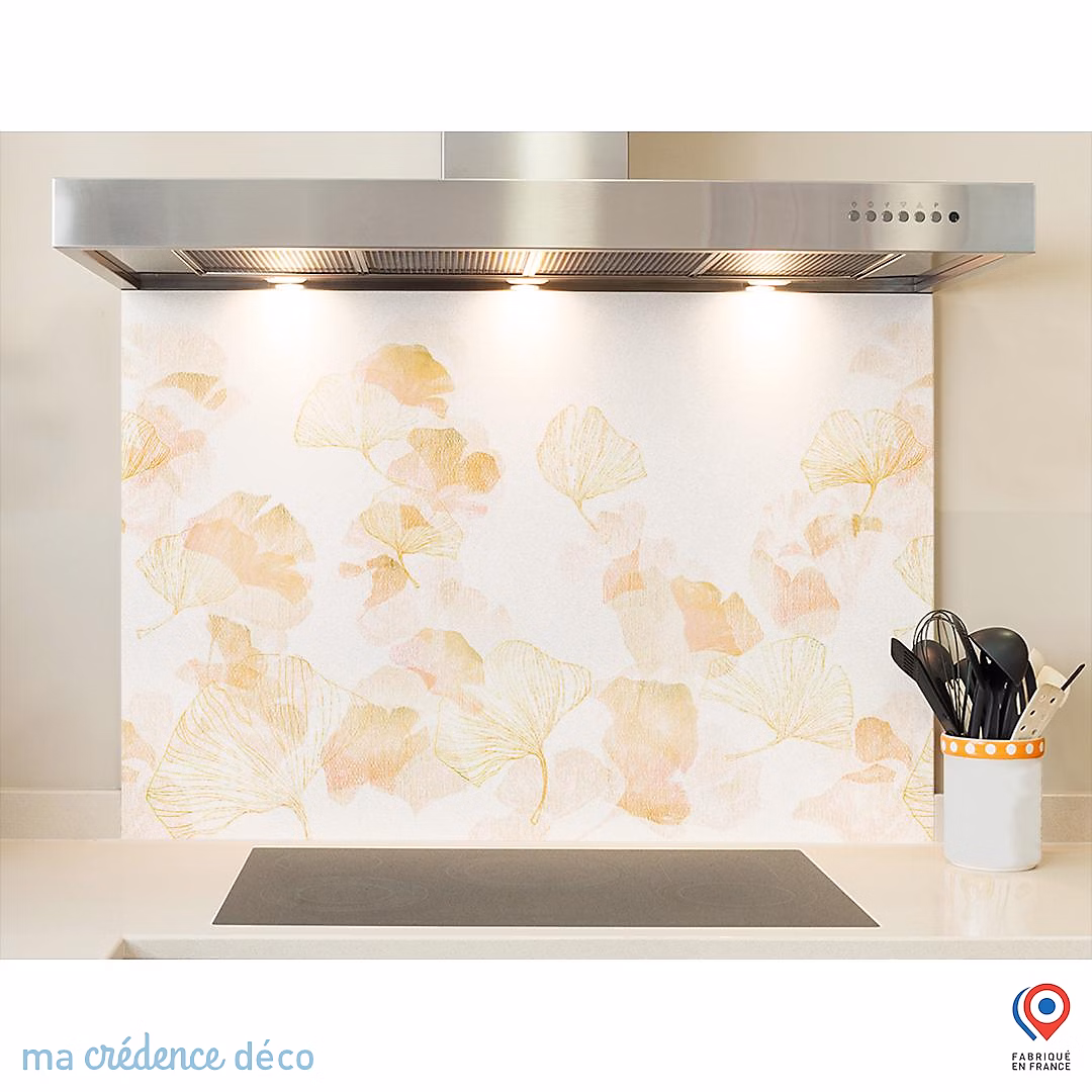 Crédence cuisine fond de hotte Gingkos dorés 1 – Verre trempé, L 60 cm x H 45 cm, MaCrédenceDéco