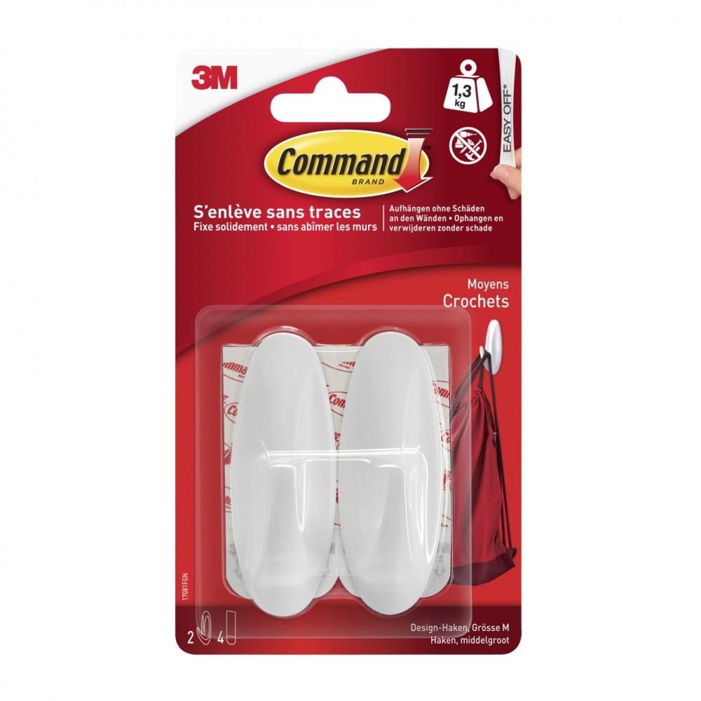 CENTRALE BRICO Lot de 2 crochets adhésif Plastique design, COMMAND, blanc 1.3 kg