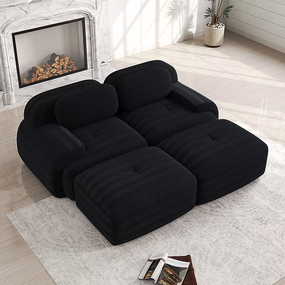 Canapé 2 places modulaire en velours côtelé – noir, combinable avec chaise longue, antidérapant, accoudoirs ergonomiques