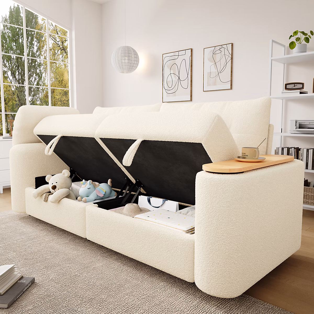Canapé droit 2 Places avec Appuie-Tête – Table d'Appoint Intégrée et Rangement, Tissu Teddy, Beige