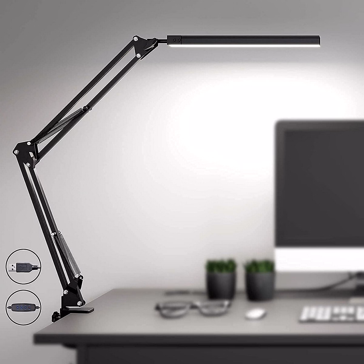 BASHLWUA Lampe de bureau LED noire puissante avec clip – Lumière LED pour le soin des yeux, 3 modes d'éclairage