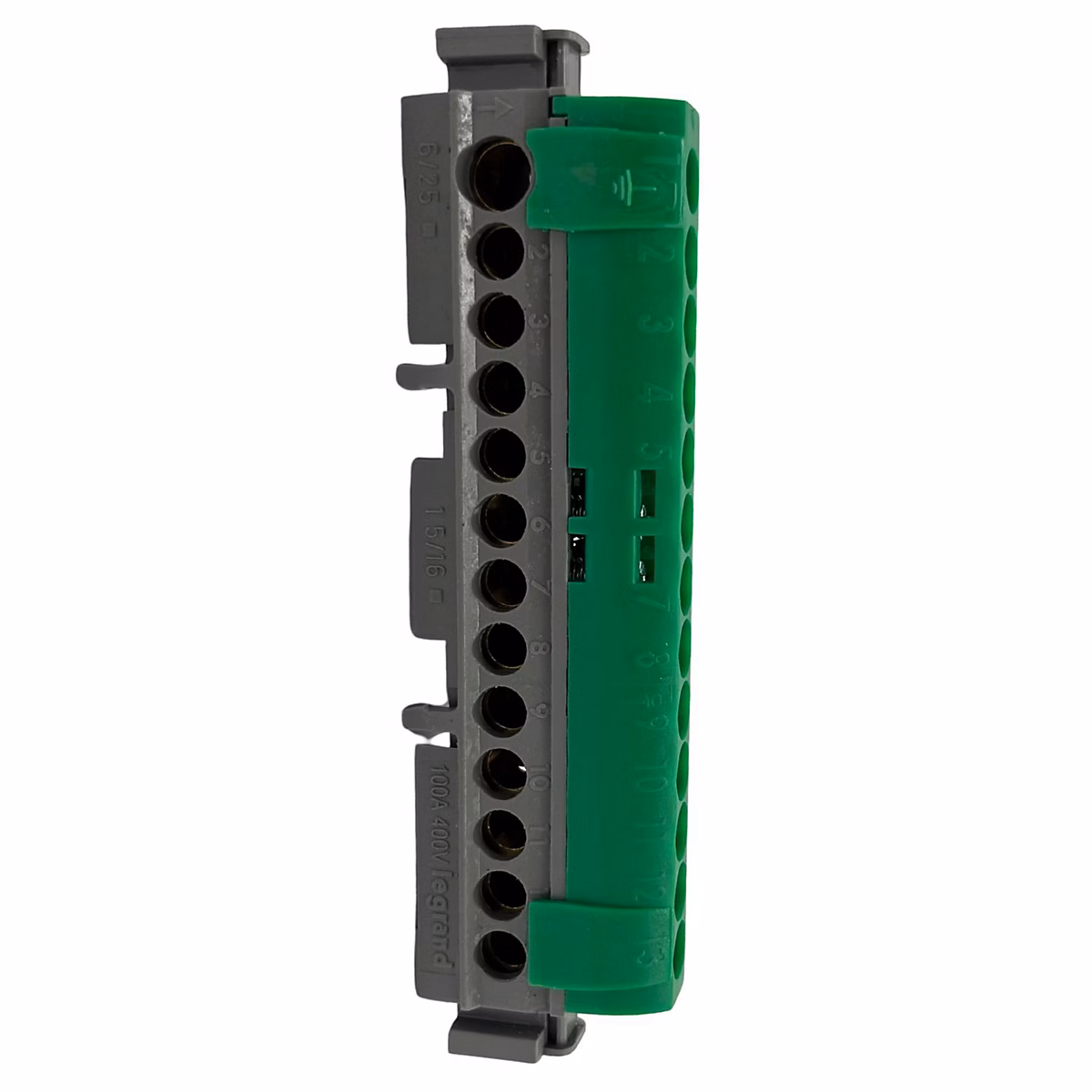 Bornier de répartition isolé IP2X terre – 1 connexion 6mm² à 25mm², vert, longueur 113mm, 04834