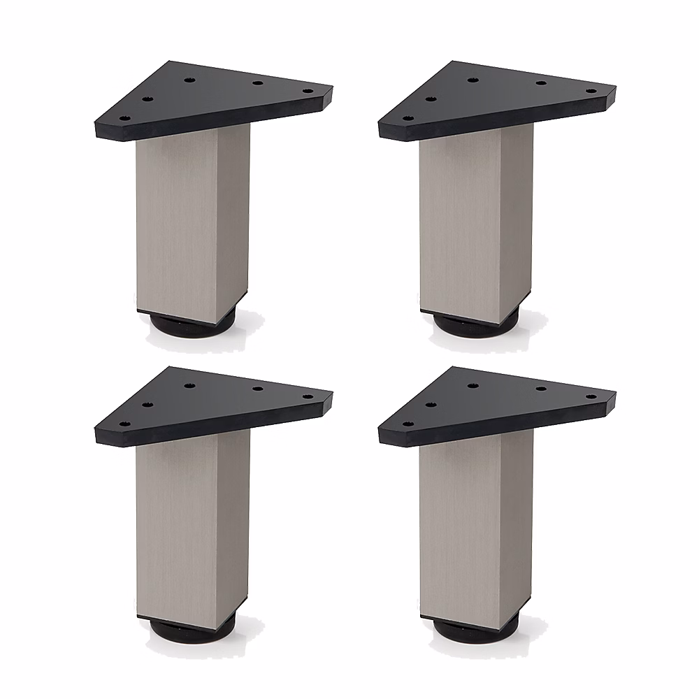 4 un. Pied carré pour meuble en aluminium 40 × 40mm hauteur 100mm inox mat avec régulateur de nivellement