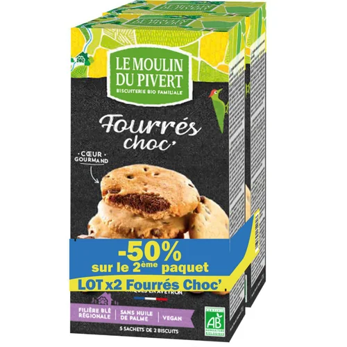 Lot de biscuits fourrés chocolat bio Le Moulin du Pivert - 350 g (2ème à -50%)