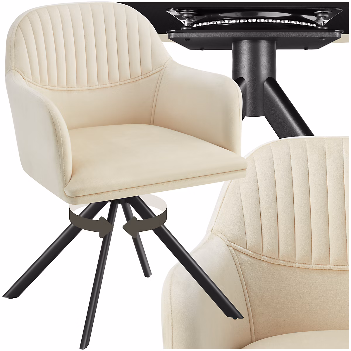 Chaise pivotante en velours rembourrée crème/noir | Chaise