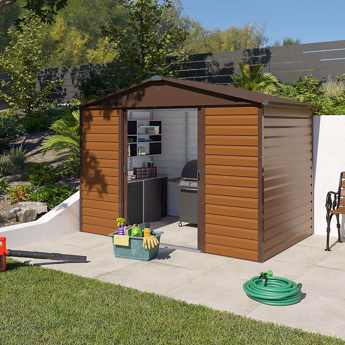 Abri de jardin métal imitation bois 5 – 30 m2 Yardmaster + kit d'ancrage