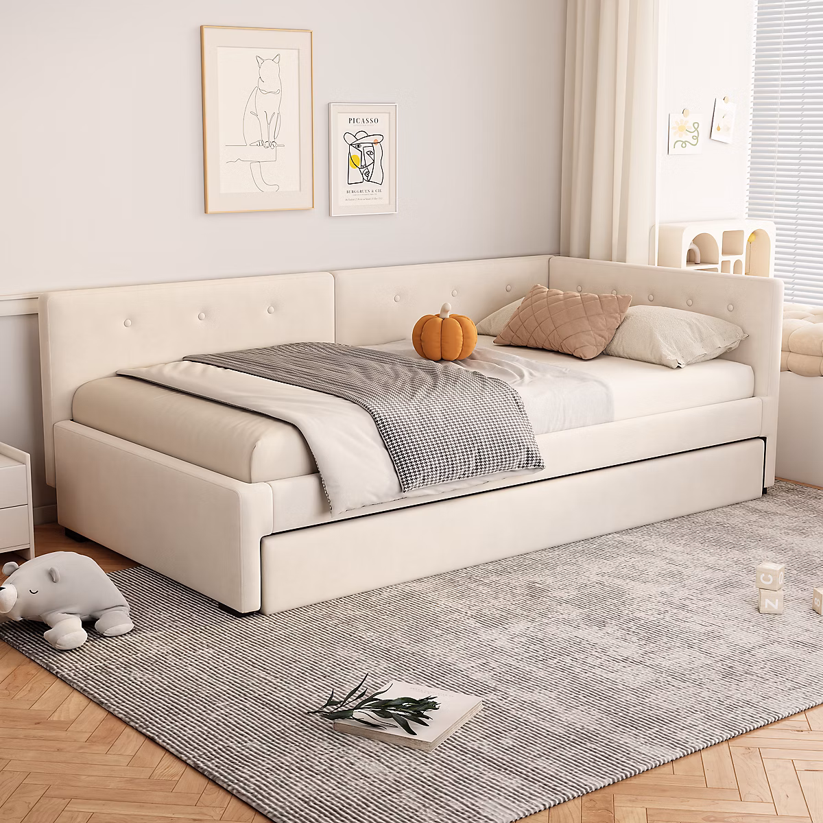 Canapé-lit 90 × 200 cm convertible avec lit gigogne 90 × 190 cm en velours beige – structure MDF, style minimaliste