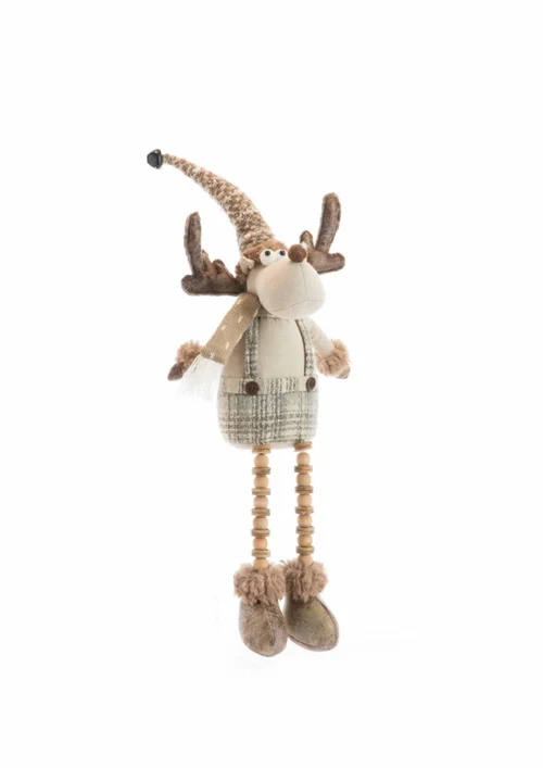Renne assis garçon en tissu avec tartan beige - 20 x 15 x 61 cm