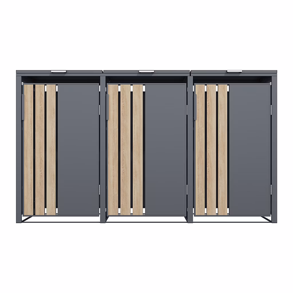 Abri poubelle cache poubelle 3 bacs 240L gris imitation bois en acier galvanisé toit plat avec vérins à gaz – Réf. QBBIDWOCY0237053367