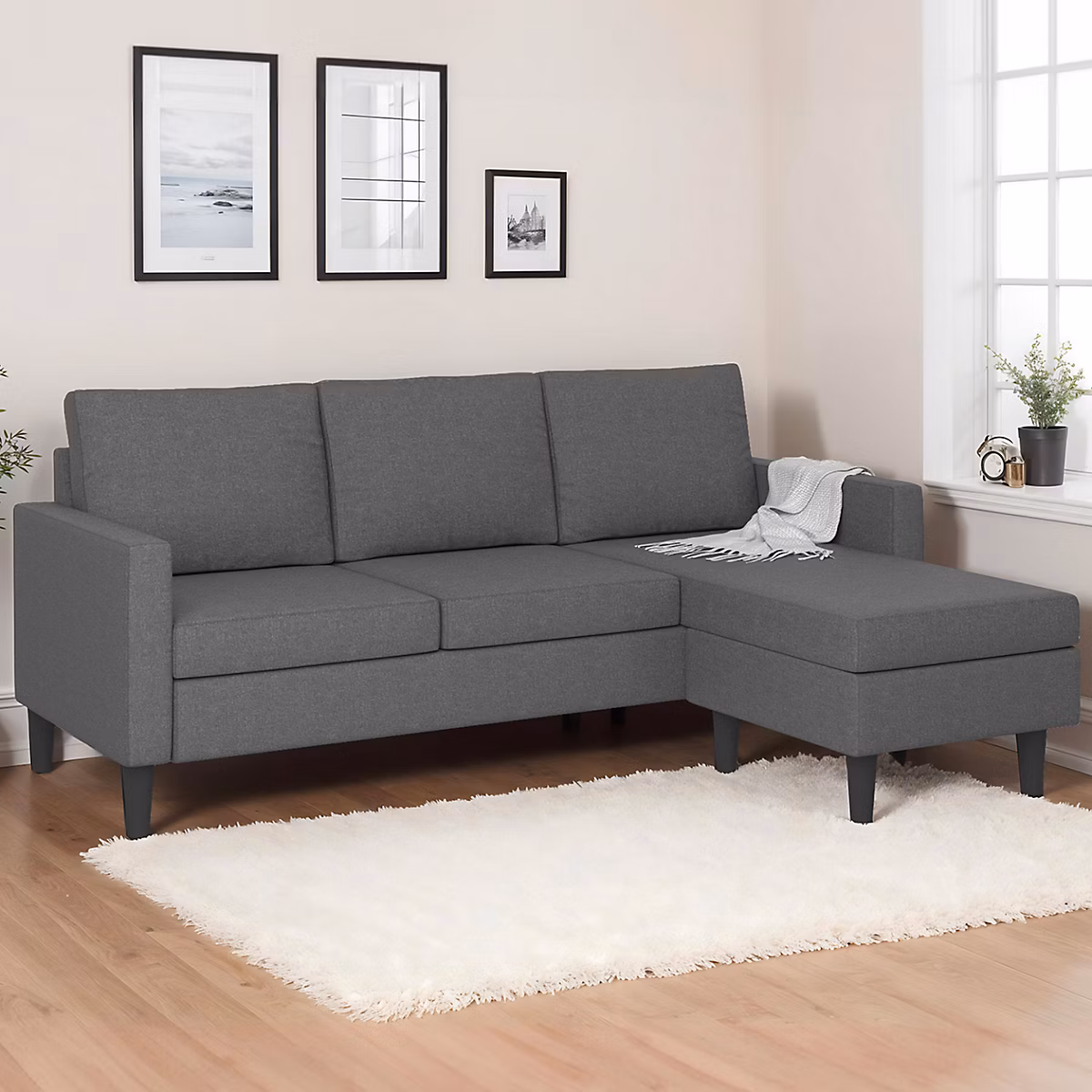 Canapé d'angle réversible 3 places MARIUS 200 cm en tissu gris anthracite – Réf. IVRGDGFUL8219829378