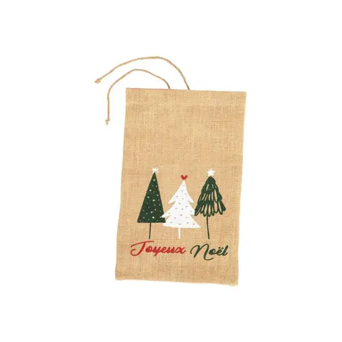 Pochette cadeau en jute décor sapins vert et blanc - 25 x 40 cm