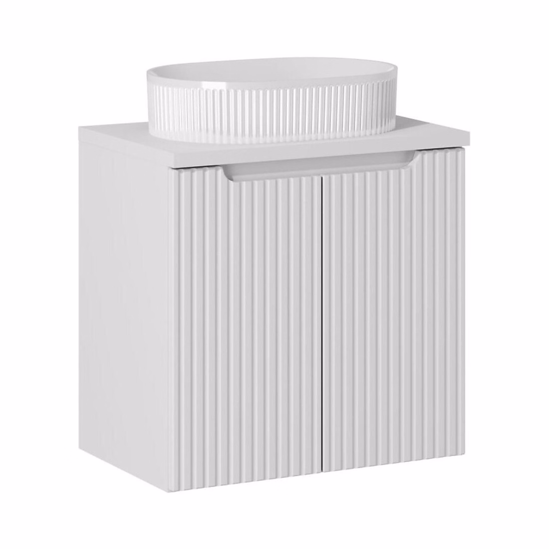 Meuble vasque – Ensemble VANO blanc 60cm : meuble sous vasque à placards et plan pour vasque blanc et vasque à poser rainurée blanche