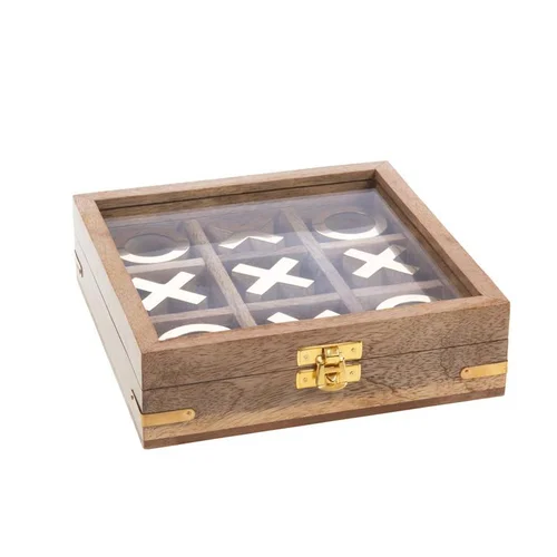 Boîte décorative tictactoe en bois de manguier - 18 x 18 x 5 cm