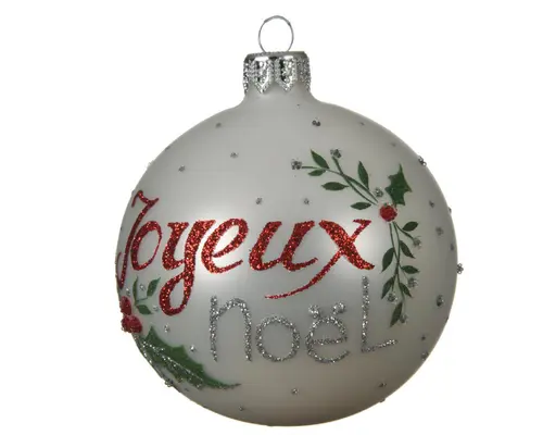 Boule en verre blanc d’hiver avec inscription Joyeux Noël - Ø 8 cm