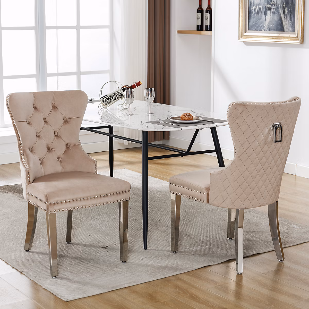 Chaises de Salle à Manger – Lot de 2 Chaises en Velours Beige avec Anneau au Dos et Clous Décoratifs, Pieds Métalliques