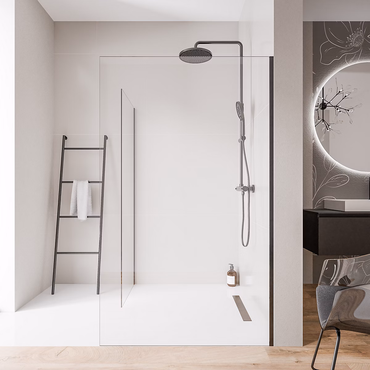 2 Parois de douche italienne d'angle 130 × 200cm + 70cm – verre NANO 10mm, profilé mural inox noir mat, sans profilé sol, EX102