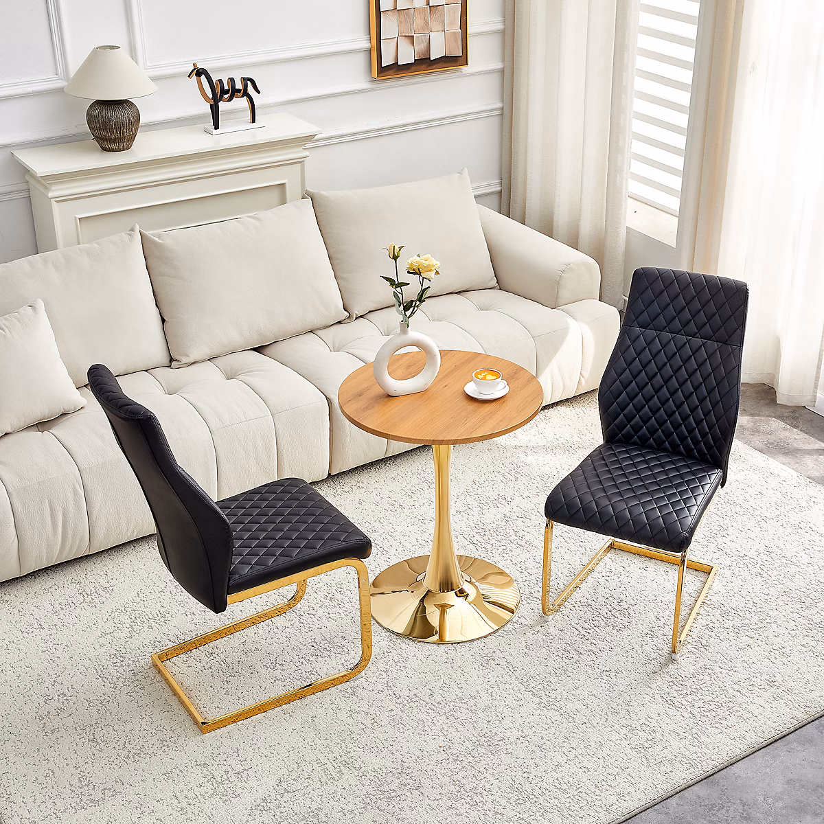 Ensemble table ronde 60 cm et 2 chaises en MDF décor bois – noir et doré