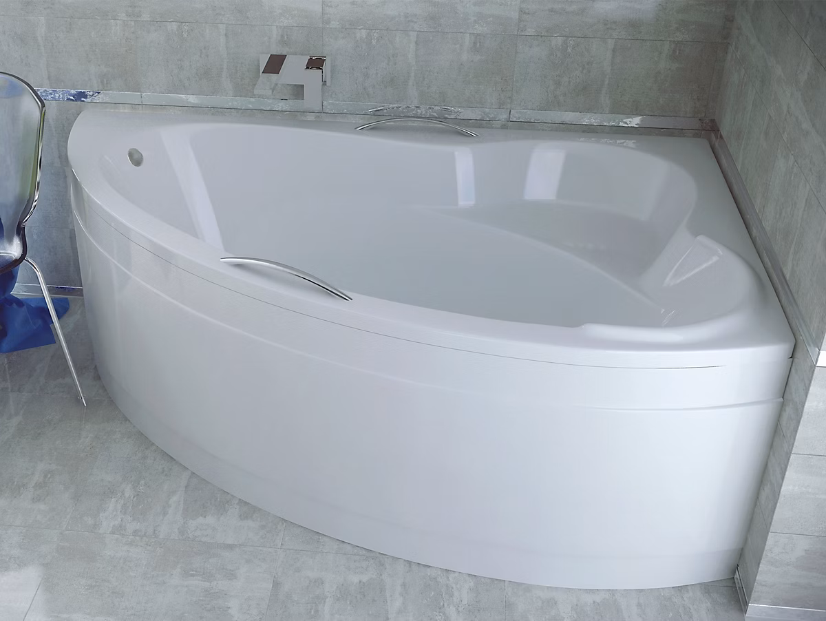 Baignoire asymétrique 140 × 90 Droite ADA acrylique blanc + avec Tablier + Pieds + Vidage à chromé