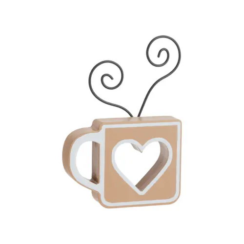 Porte-photos en bois orange forme tasse avec cœur et métal noir - 12 x 3 x 17,5 cm