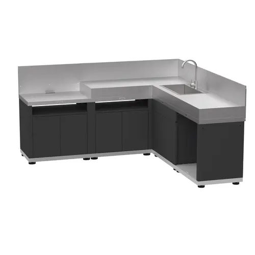 Cuisine d'angle 5 éléments avec crédence coloris gris et noir en acier électrozingué Le Marquier - 215 x 215 x 115 cm