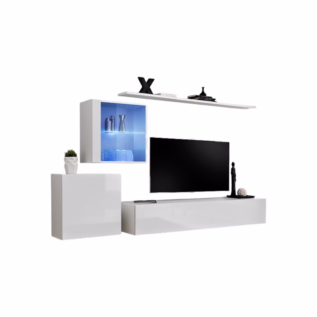 Composition murale SWITCH XV Meuble TV – cubes suspendus et étagère Blanc brillant Design moderne