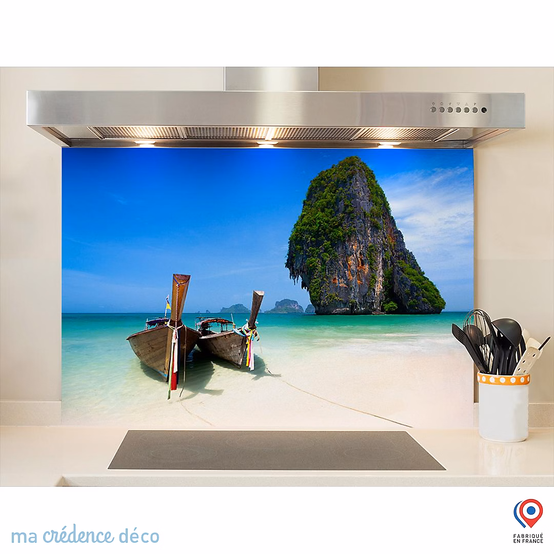 Crédence cuisine fond de hotte Rairay beach Thailande – Verre trempé, L 90 cm x H 70 cm, MaCrédenceDéco