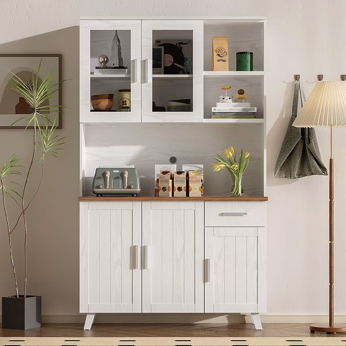 Buffet haut blanc effet bois 114 × 40 × 190 cm – grand espace de rangement, design moderne et épuré, idéal salon et salle à manger