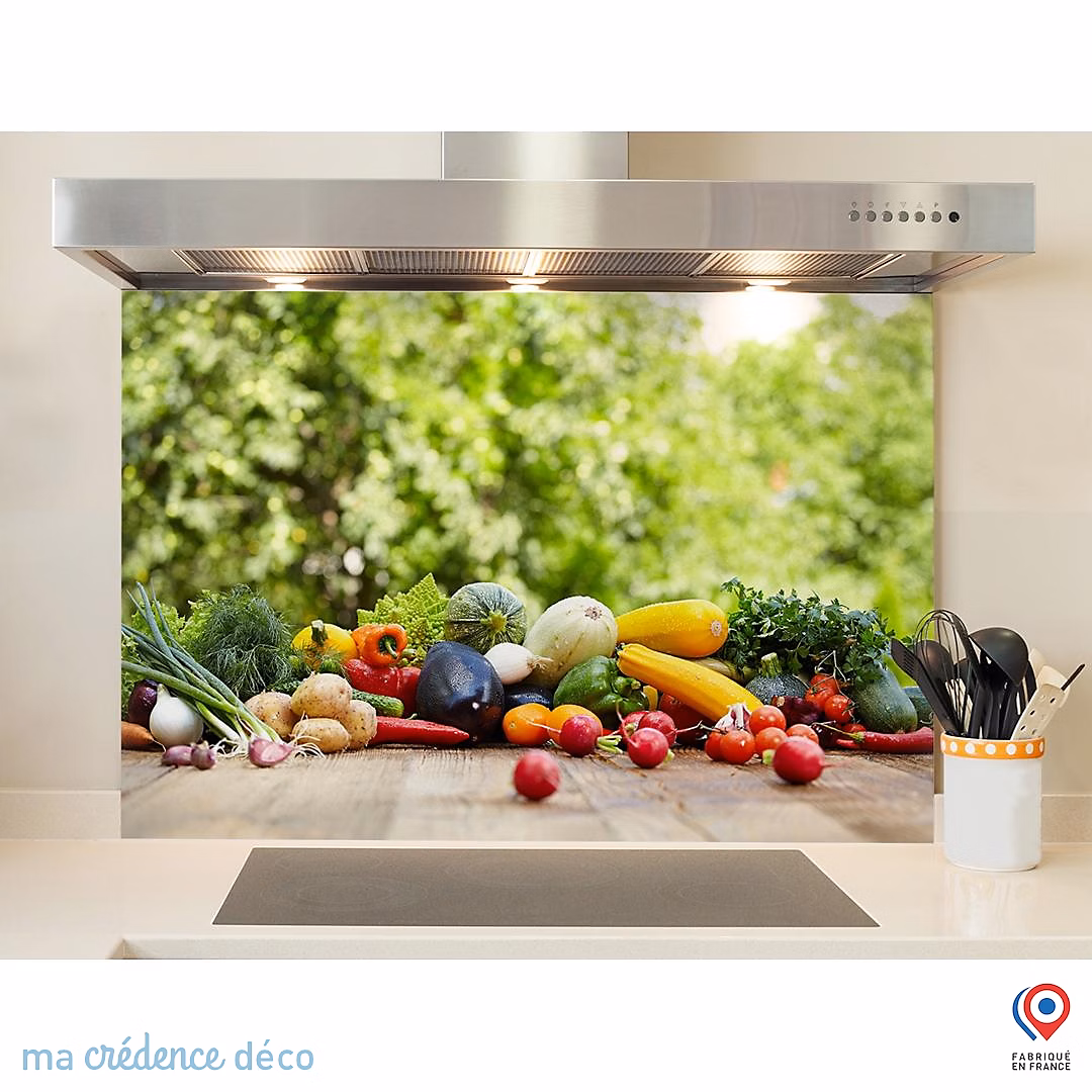 Crédence cuisine fond de hotte Légumes et jardin – Verre trempé, L 90 cm x H 70 cm, MaCrédenceDéco
