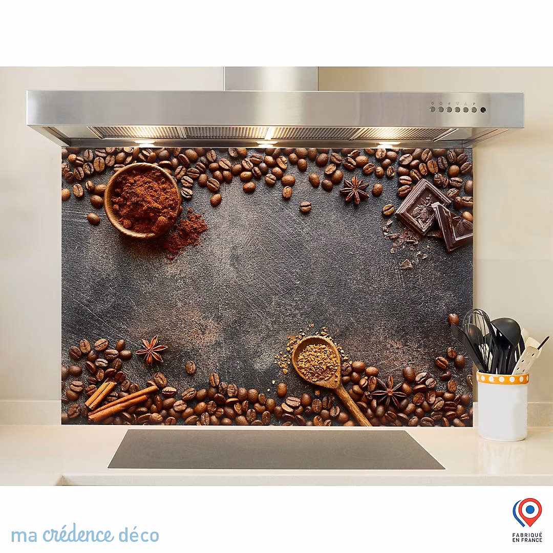 Crédence cuisine fond de hotte Café et chocolat – Verre trempé, L 90 cm x H 60 cm, MaCrédenceDéco
