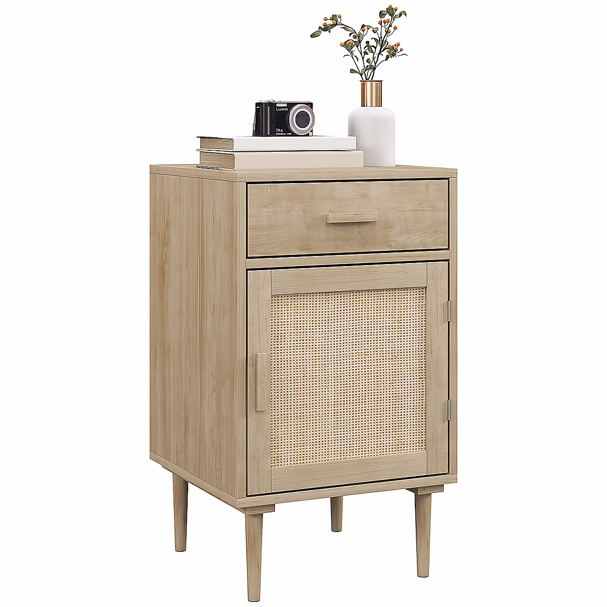 Chevet table de nuit style naturel – porte, étagère, tiroir, cannage rotin aspect bois clair