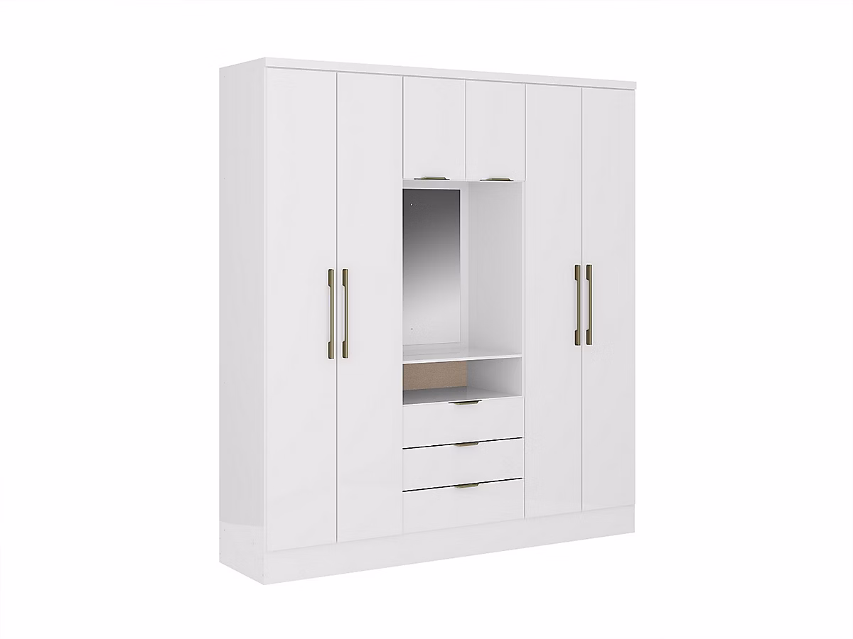 Armoire 6 portes et 3 tiroirs – Avec miroir, L180 cm, Coloris : Blanc, ELORIO