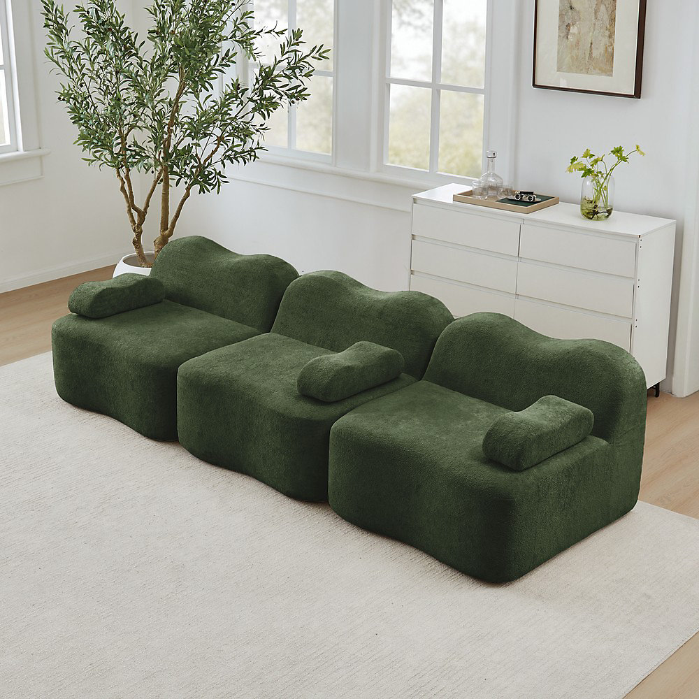 Canapé modulaire 3 places – 32D mousse haute densité,vert,forme ondulée,assise profonde,coussins d'accoudoir amovibles