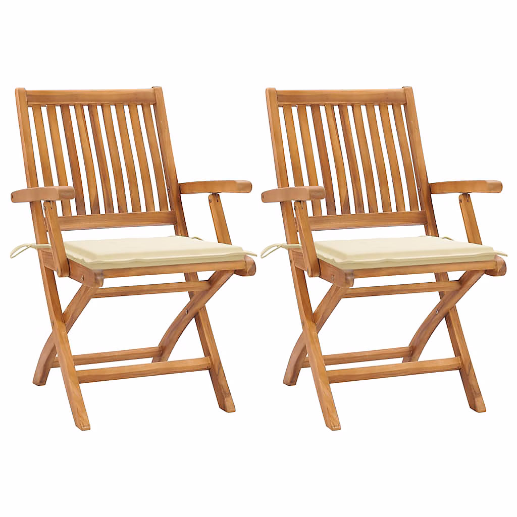 Chaises pliantes (lot de 2) avec coussins crème – en bois de teck massif vidaXL