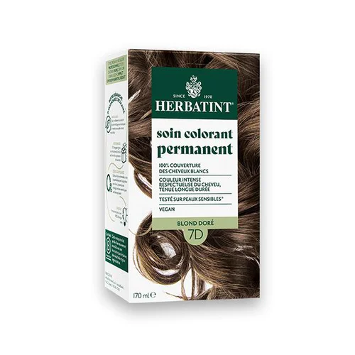 Coloration permanente pour cheveux blond doré 7D aux extraits végétaux biologiques vegan Herbatint - 170 ml