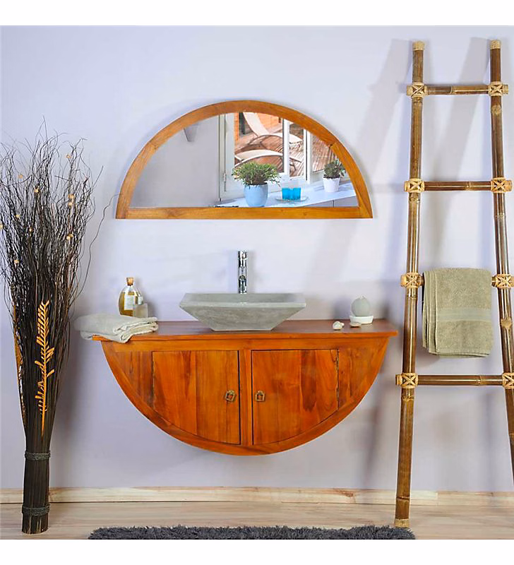 Meuble vasque – Ensemble meuble de salle de bain suspendu en teck 120 cm avec miroir et vasque grise