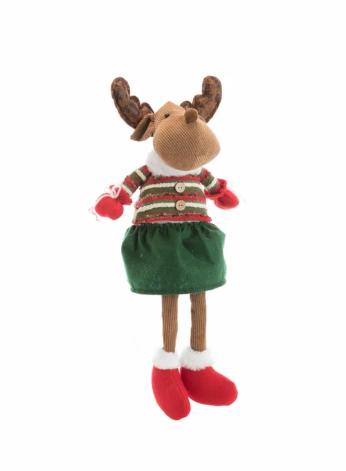 Renne fille assis traditionnel en tissu vert avec chaussons rouges - 23 x 15 x 56 cm