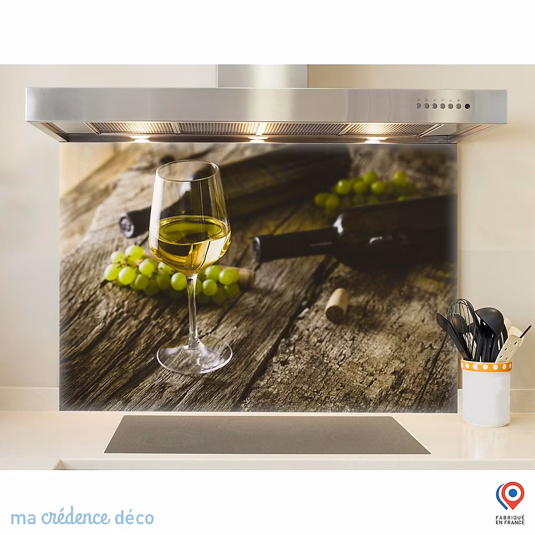 Crédence cuisine fond de hotte Vin blanc et grappe – Verre trempé, L 60 cm x H 45 cm, MaCrédenceDéco