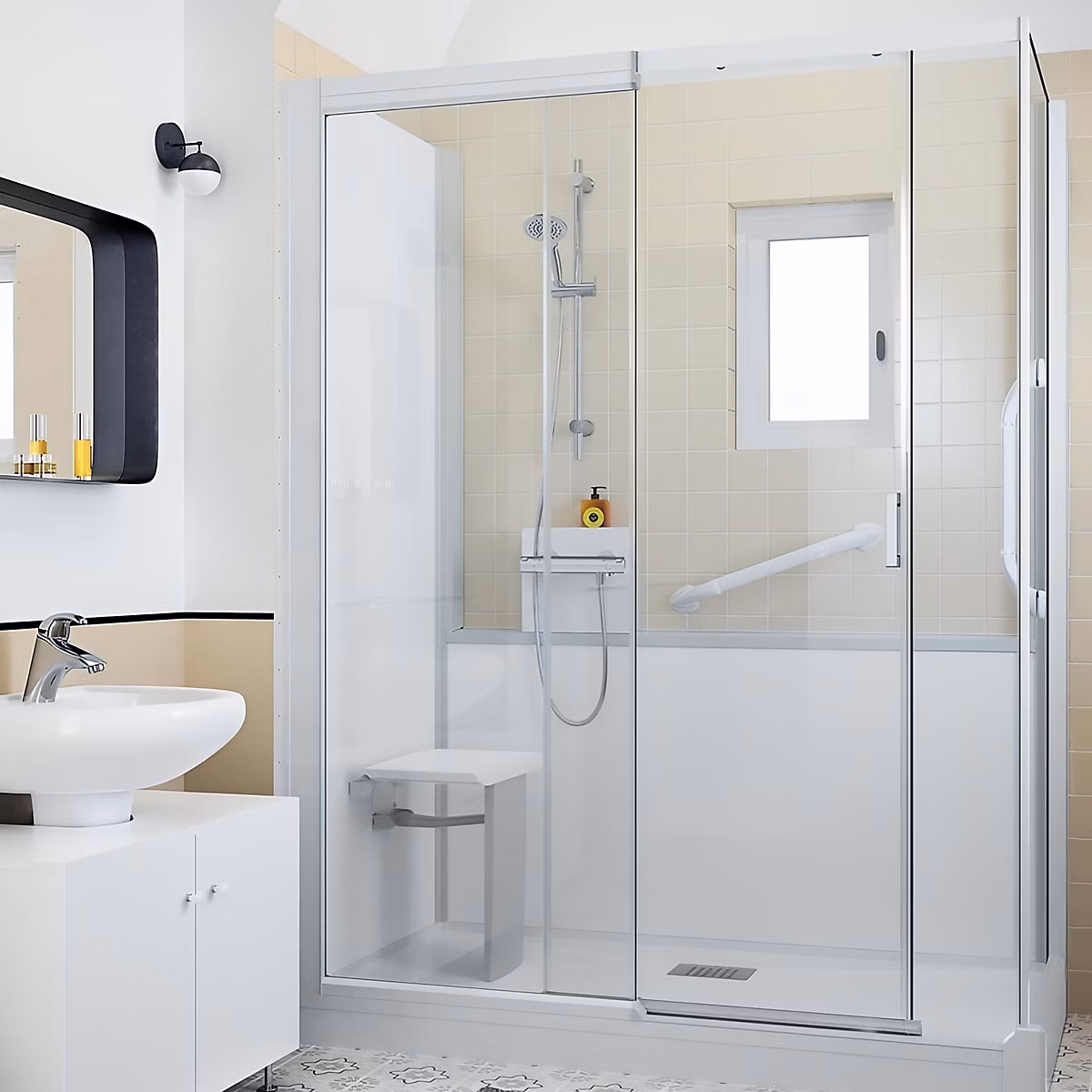 Cabine de douche Kinedo Kinemagic Design 140x80 angle basse coulissante verre transparent avec mitigeur | Cabine de douche