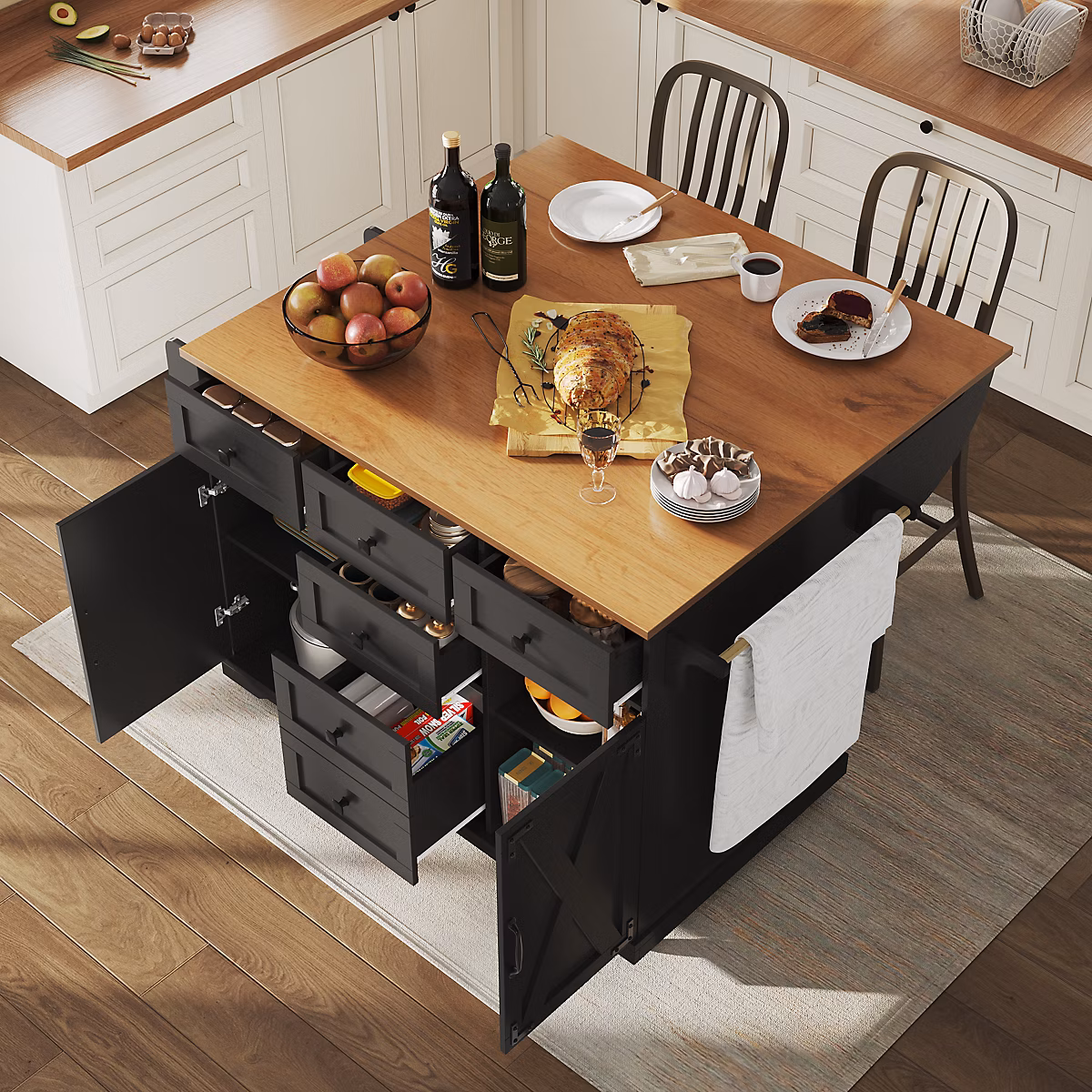 Îlot de Cuisine Pliant – desserte Extensible avec Rangement | Gain de Place | Métal MDF | Noir