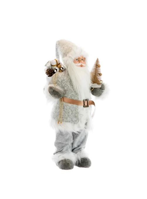 Père Noël en tissu gris et blanc avec hotte de cadeaux et sapin - 46 cm