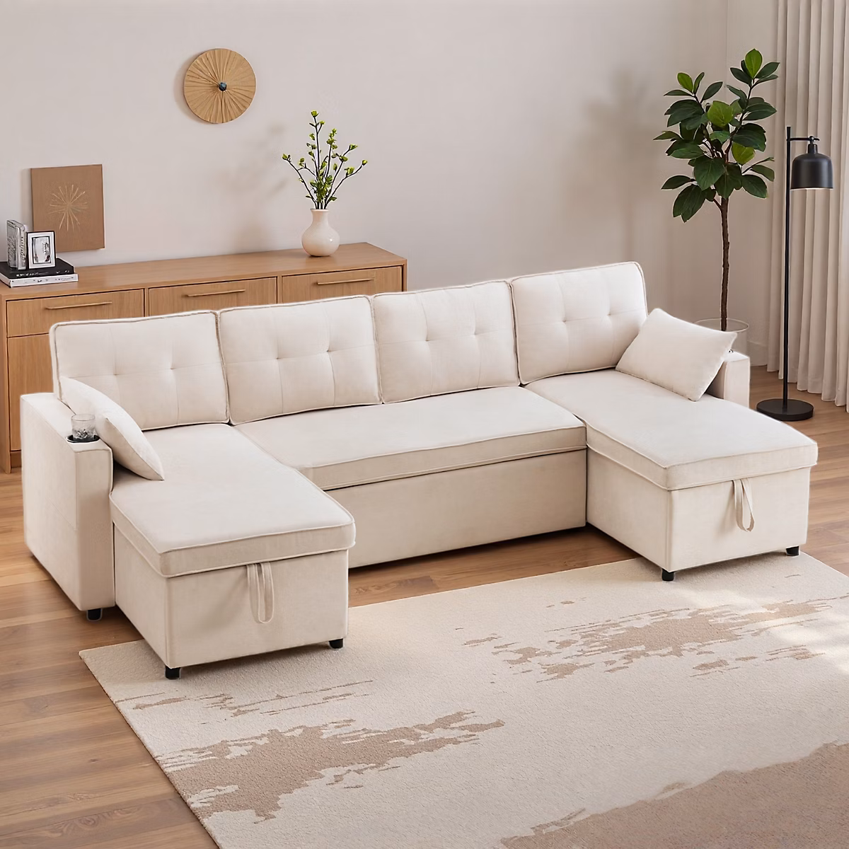 Canapé convertible 4 places avec porte – gobelet et rangement, canapé d'angle en L, canapé 4 places en lin et coton, beige