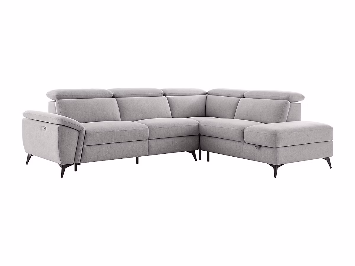Canapé d'angle droit relax électrique en tissu chiné gris clair CADILO – Réf. DDPXOMTBP1106464523