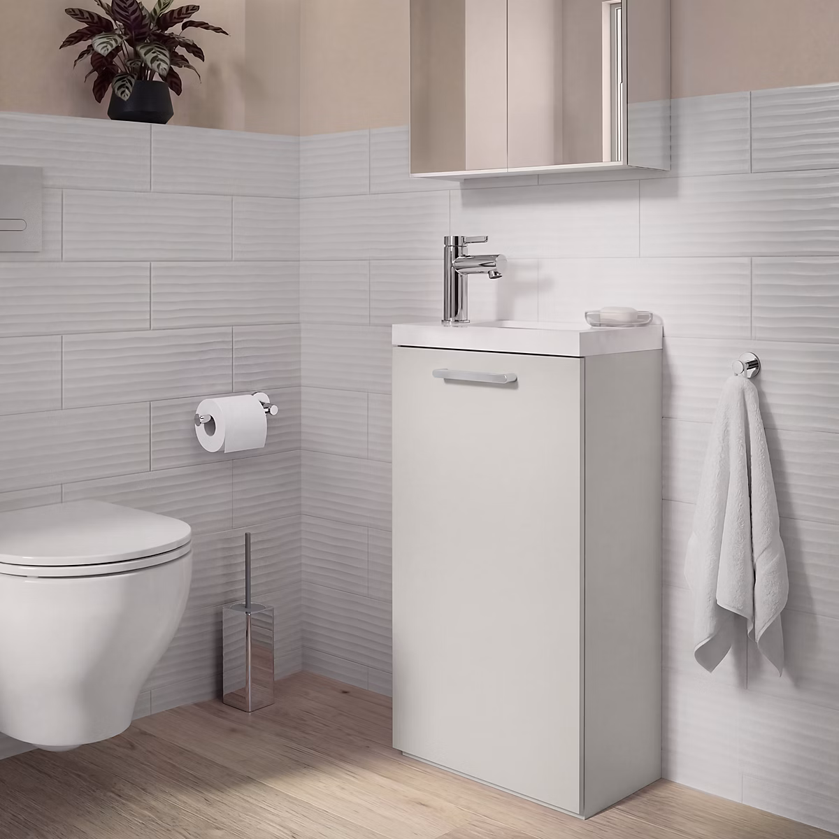 Meuble lave mains à poser gris galet l.43 – 5 cm 1 porte Imandra + plan vasque blanc céramique Nira, GoodHome