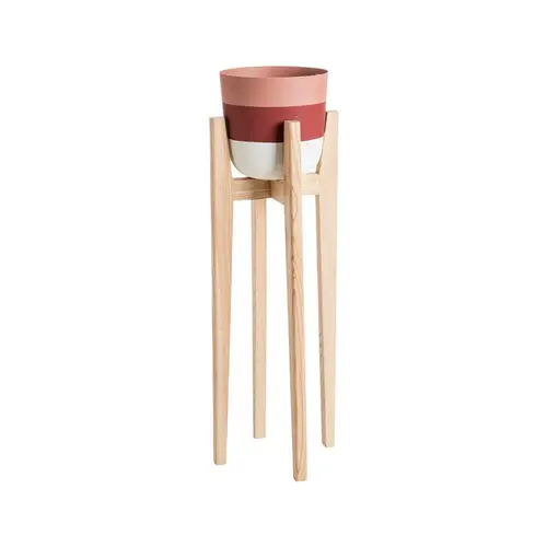 Porte-plante rond terracotta/bordeaux/crème sur pied en bois de frêne haut - 25 x 25 x 76,5 cm
