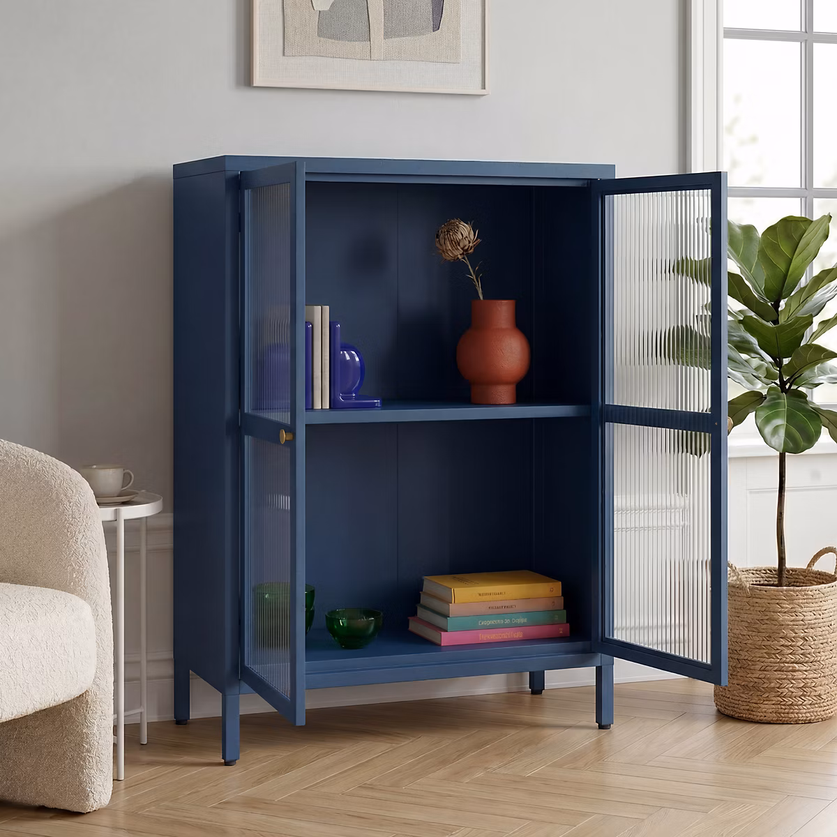 Buffet Säkylä acier verre strié 84 × 64 × 35 cm bleu marine en.casa
