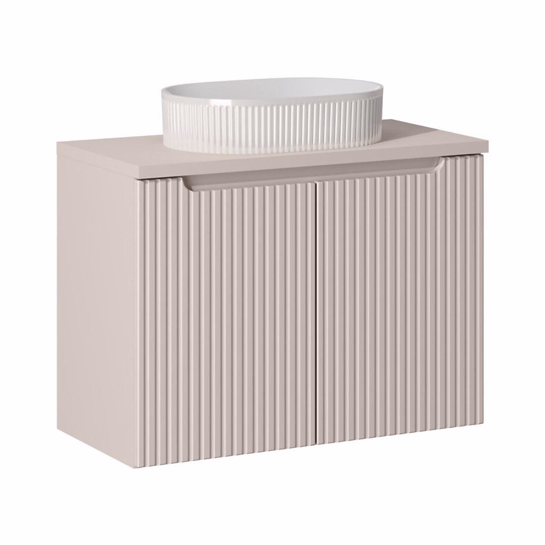 Meuble vasque – Ensemble VANO cachemire mat 80cm : meuble sous vasque à placards et plan pour vasque et vasque à poser rainurée blanche
