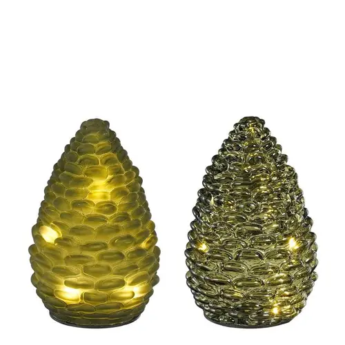 Photophore vert forme pomme de pin en verre avec 10 LED et minuteur - Ø 10 x H 15 cm