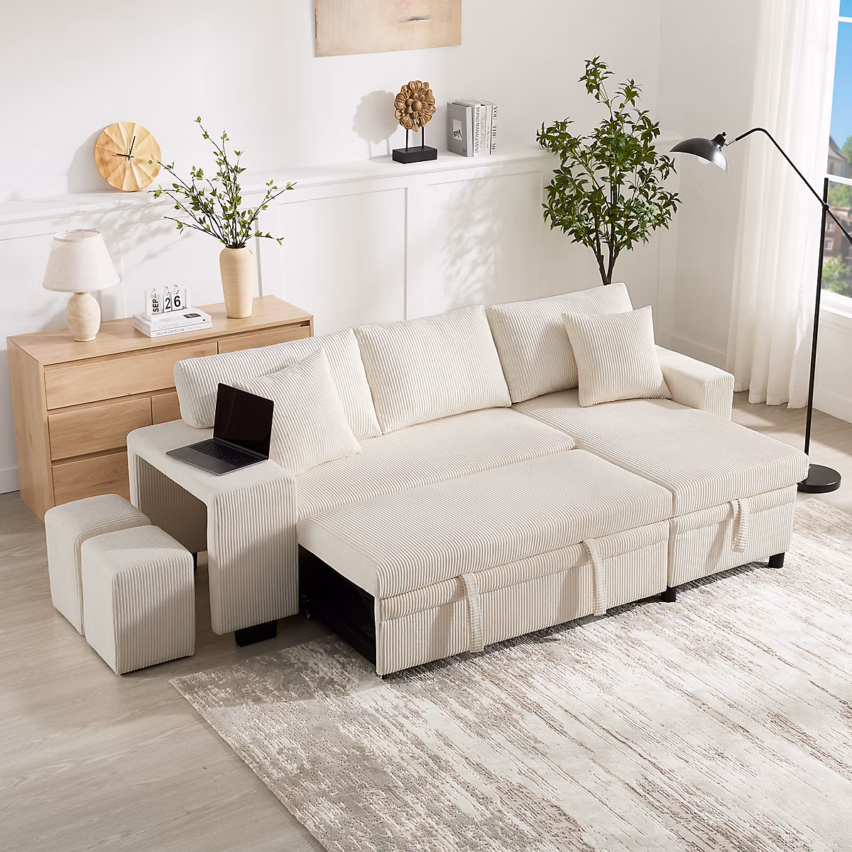 Canapé convertible 3-4 places en velours côtelé – Rangement caché, charge USB + Type-C, modulable , Beige