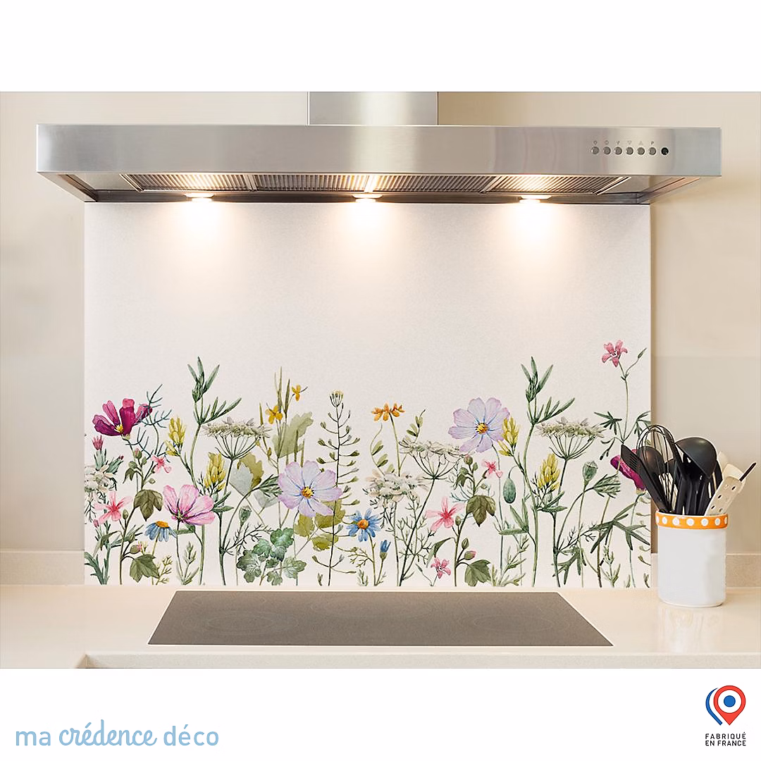 Crédence cuisine fond de hotte Dessin fleurs et aquarelle 2 | Verre trempé – L 90 cm x H 60 cm – MaCrédenceDéco